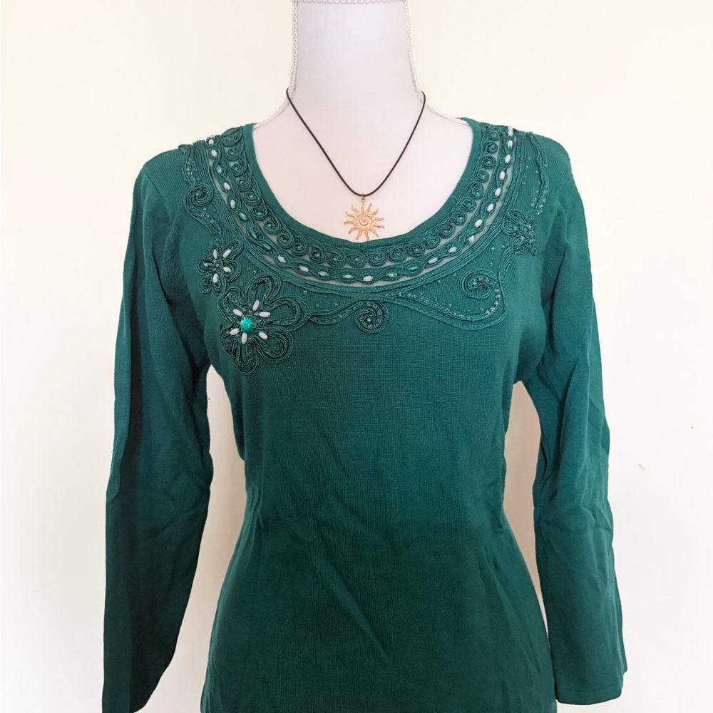Women's Green Embroidered Beaded Scoop Neck Top